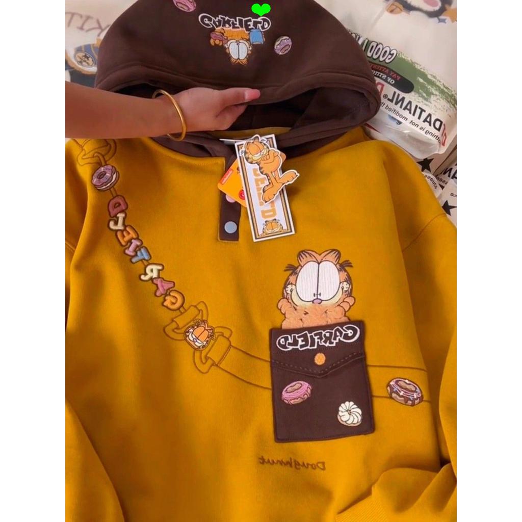 Áo nỉ có mũ trùm đầu lông cừu thêu Retro Garfield dày dặn Laz