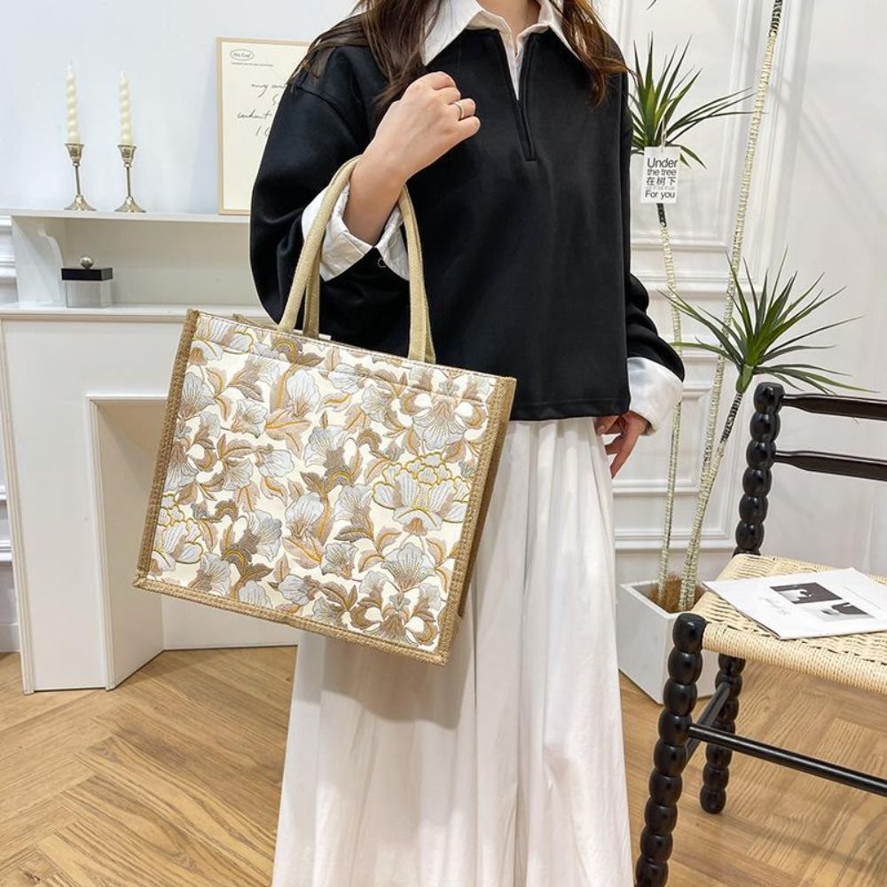 HOBBYIN Túi Tote Vải Lanh HOBBYIN, Túi Tote Hoa Thêu Tay Cầm Trên Di Động, Thời Trang Dung Tích Lớn Nhẹ Túi Nữ Văn Phòng Hàng Ngày