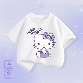 Áo thun mỏng cổ tròn kiểu Mỹ, thoải mái, in hình Hello Kitty của Sanrio dành cho bé gái, một mặt.