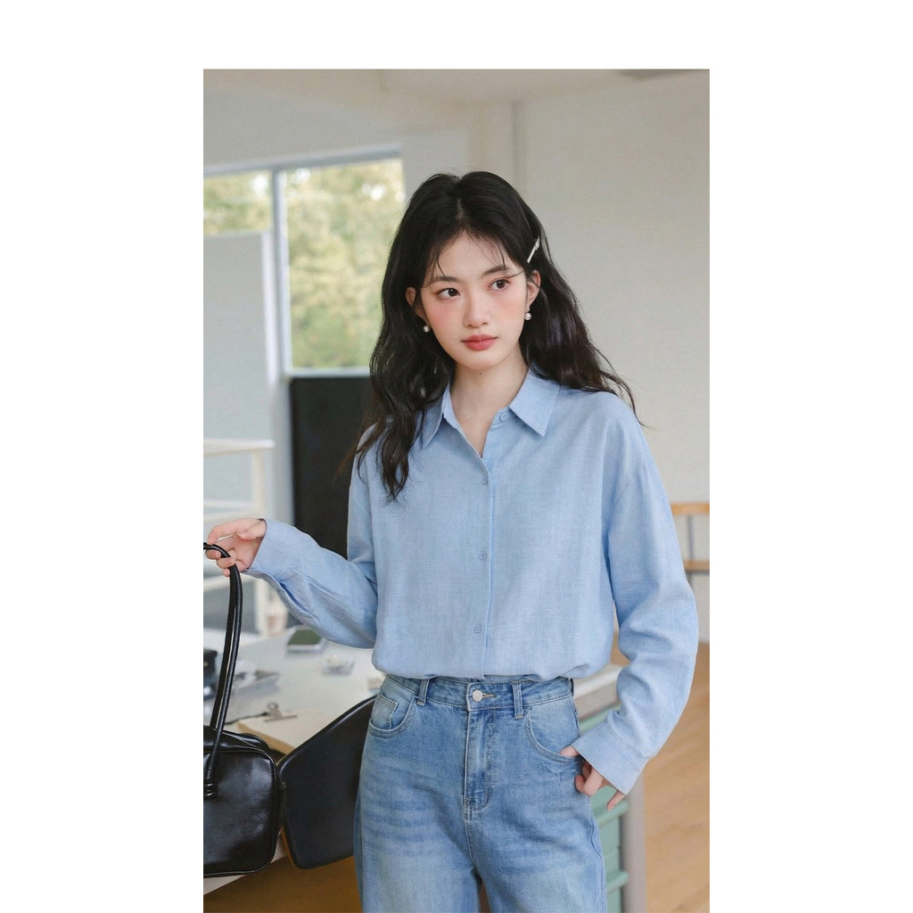 Mutu Áo Sơ Mi Lười Style Hàn Quốc, Màu Xanh, Tay Dài Thích Hợp Mùa Xuân