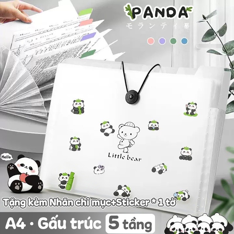 Túi đựng tài liệu A4 PP nhiều ngăn 8/12 – Sticker gấu trúc dễ thương cho học sinh & văn phòng