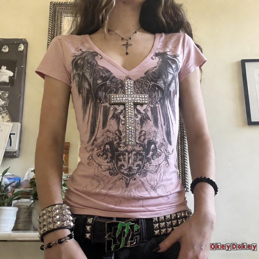 OKDK-Áo thun ngắn tay phong cách Gothic cổ chữ V dành cho nữ