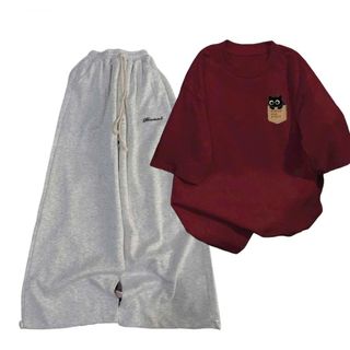 Bộ đồ Quần dài da cá xám đậm chữ kí +kèm áo phông  MÀU ĐỎ hình in sắc nét chữ nổi -thuba94