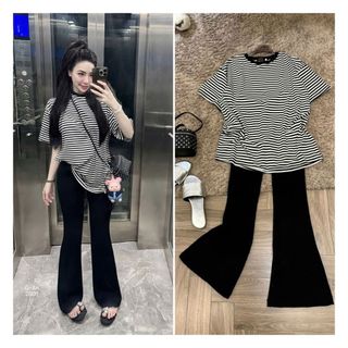 sét quần dáng dài ống loe + phối áo phông kẻ sọc ngang dáng -thuba94