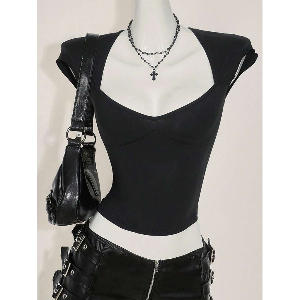 Áo thun cổ vuông mùa hè gợi cảm hở lưng nữ tay ngắn thanh lịch áo crop top
