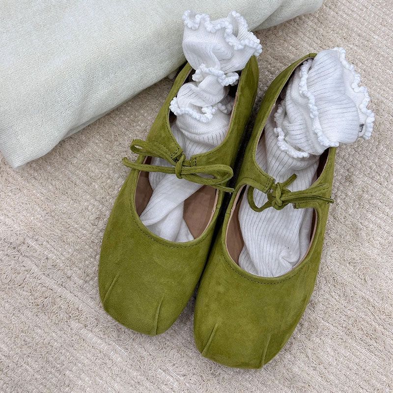 Giày Mary Jane buộc dây, đế ba lê da lộn dành cho nữ, giày đế mềm nông thoải mái thông thường