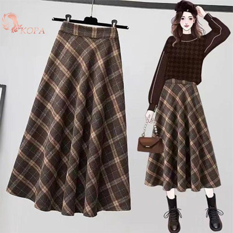 KOPA Thời Trang Kẻ Sọc Retro Co Giãn Eo Rời Cao Váy Dài Cho Nữ VN