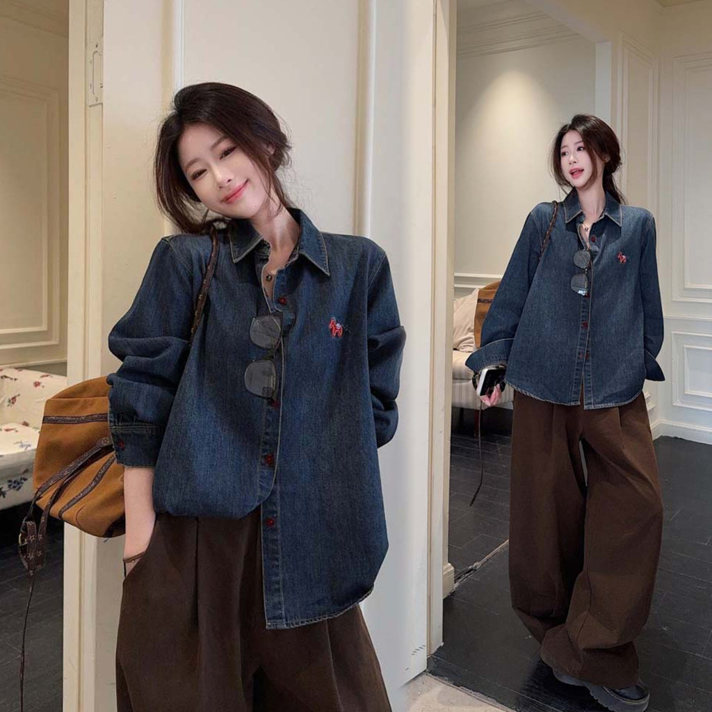 SUXI Áo sơ mi denim cổ điển nhẹ nhàng dành cho nữ mùa xuân 260228