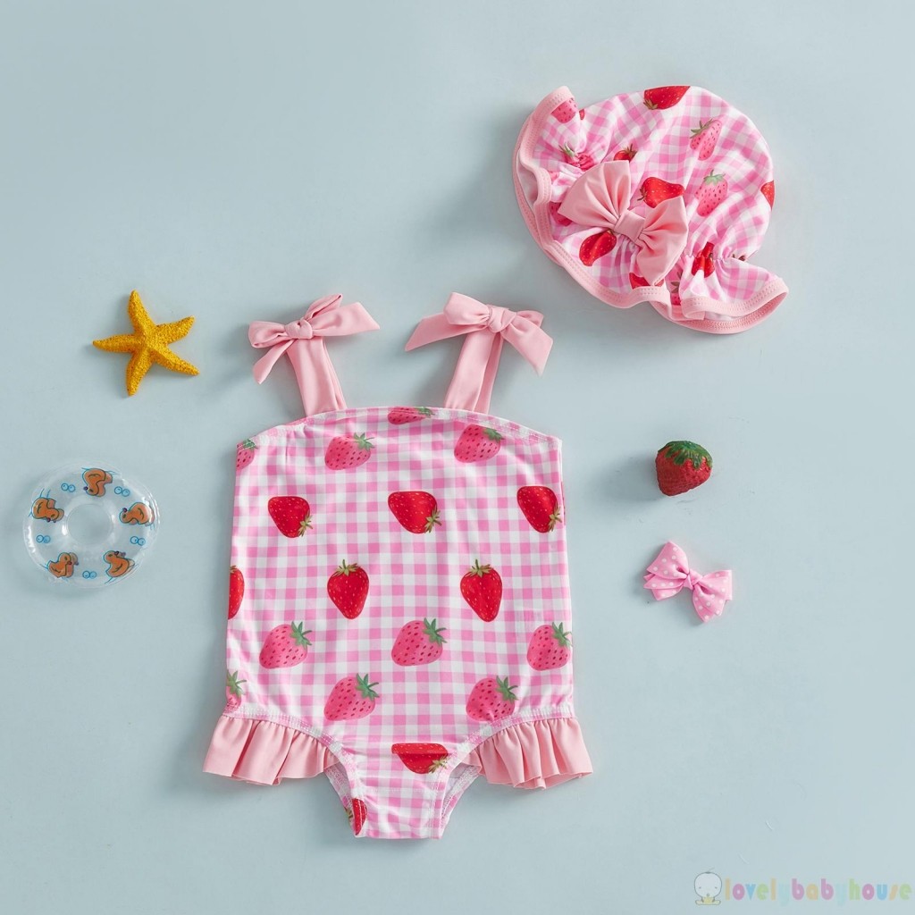 LBH-Toddler Girl Summer Strawberry / Bow / Cherry Print Áo tắm đeo vai không tay có mũ bơi