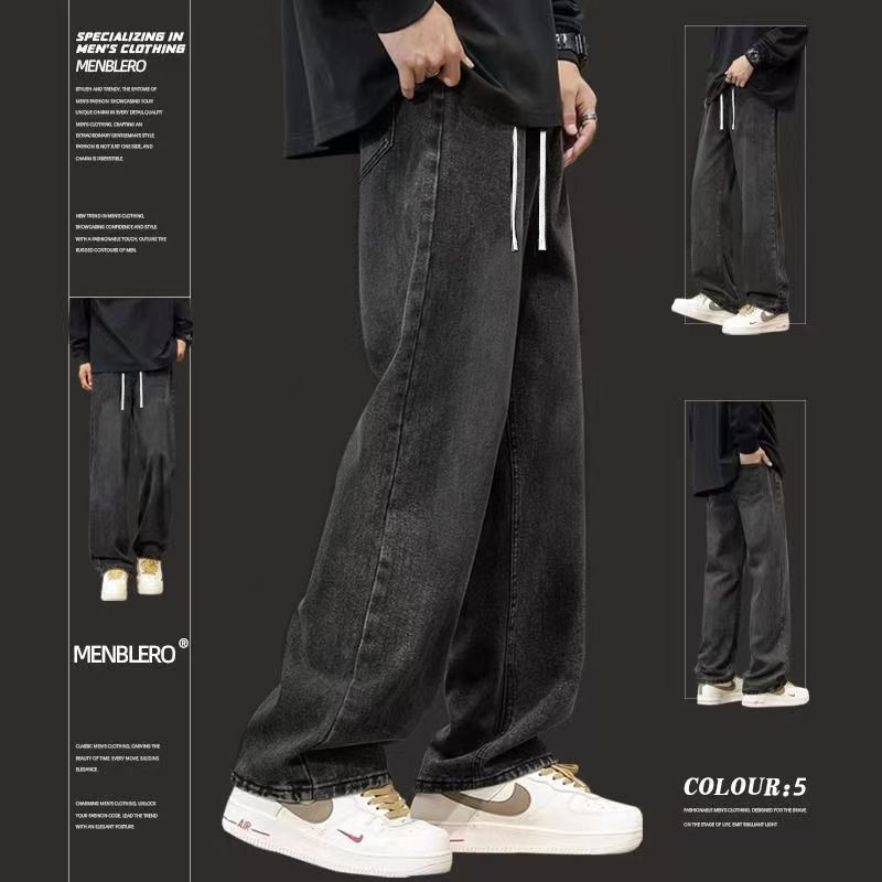 Quần jeans nam phong cách Hồng Kông, lót lông cừu, dáng rộng cỡ lớn