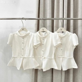 Áo sơ mi dáng peplum cổ đổ phối đai nơ ngang siêu hack dáng, Áo Kiểu Cổ Tròn Chiết Ly Eo Tiểu Thư
