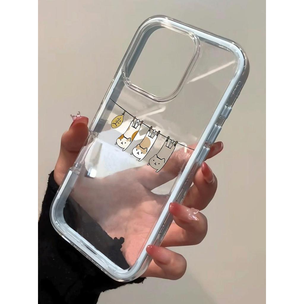 Mèo con trên dây phơi quần áo cho 16 trường hợp iPhone 17Air 3 trong 1 bezel 14 13 11Pro