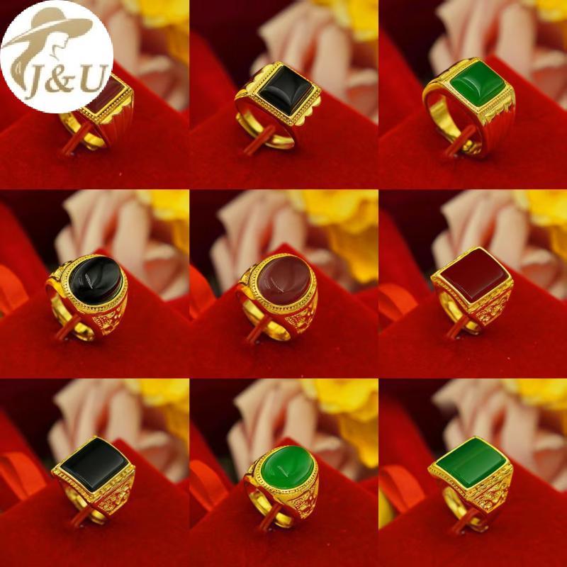 Nhẫn Nam Hình Bầu Dục Lớn Và Nhỏ, Mạ Vàng Với Đá Obsidian