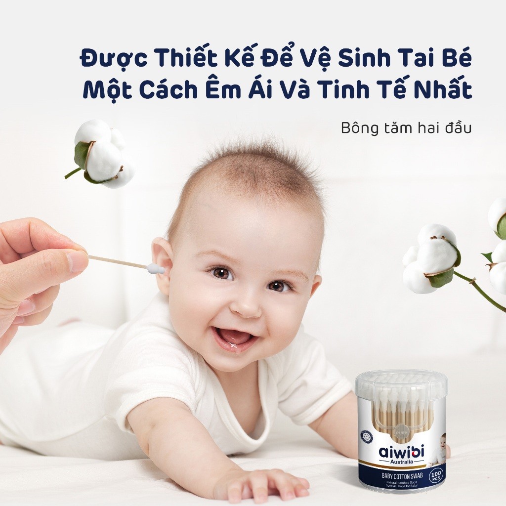 Tăm Bông Aiwibi Cao Cấp Cho Bé, Mềm Mịn, Thân Tre Linh Hoạt, 100% Bông Thiên Nhiên - 100 Cái/Hộp