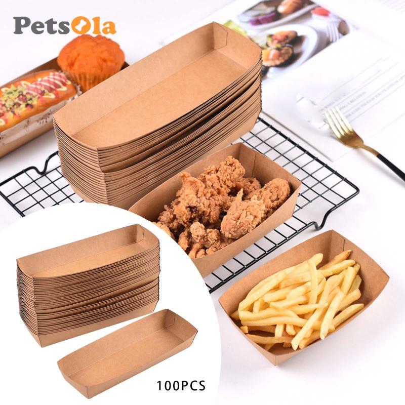 100 Chiếc Dùng Một Lần Giỏ Phục Vụ Có Thể Tái Chế Hộp Đựng Giấy Kraft Khay Thực Phẩm Cho Burgers Khoai Tây Chiên Pháp Bắp Rang Nachos Sandwiches