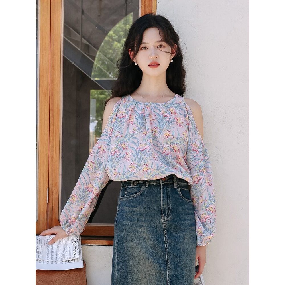 Mutu Pháp Áo Sơ Mi Off-Shoulder Voan Phù Hợp Mùa Hè