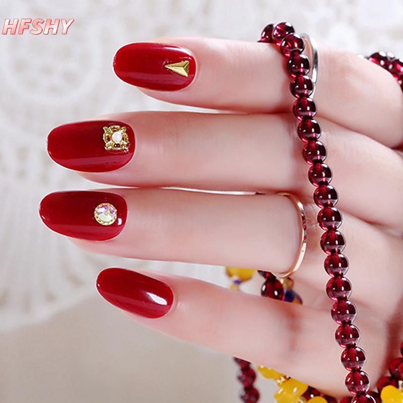 HFSHY 24 Chiếc Móng Tay Giả Đỏ Rượu Vang Đầu Tròn Kèm Keo Dán, Bấm Vào, Có Thể Tháo Rời Cho Nữ VN