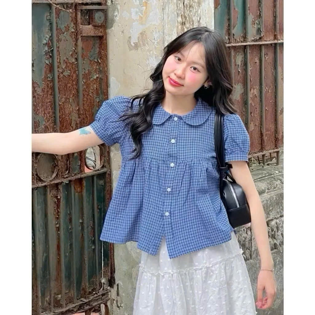 Áo sơ mi babydoll dáng xoè cổ sen chất xô thô siêu xinh đẹp SMR404