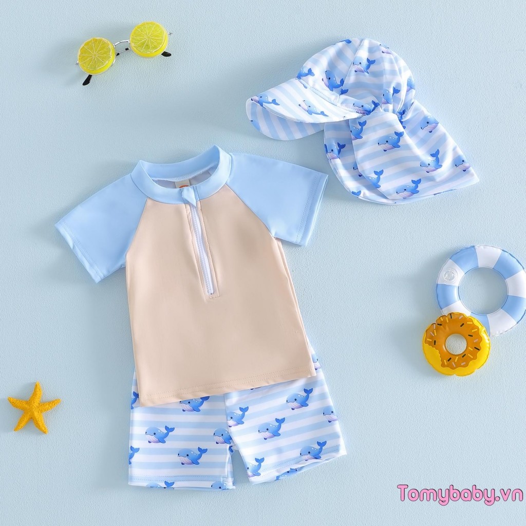 Bộ 3 Đồ Bơi Tập Đi Áo Tay Ngắn + Quần Short Sọc In Hình Cá Voi + Mũ Rash Guard Bộ Đồ Tắm