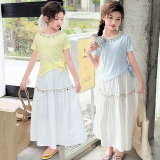 Set áo ngắn tay và váy dài cho bé gái - Váy boho công chúa phong cách Hàn Quốc dễ thương bay bổng