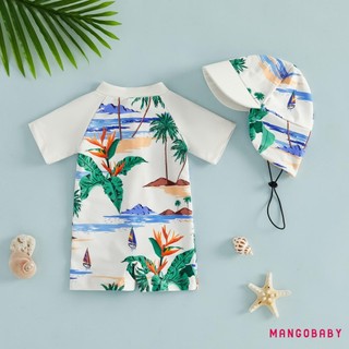 MG-Kids Bé Trai Rash Guard Đồ Bơi Thực Vật Nhiệt Đới / Biển In Hình Động Vật Tay Ngắn Đồ Bơi Và Mũ Bơi Đi Biển