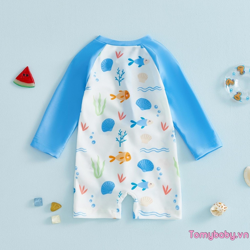 Trẻ Sơ Sinh Bé Trai Đồ Bơi Cá Vỏ Biển In Tay Dài Trên Dây Kéo Rash Guard Đồ Bơi Có Mũ Chống Nắng