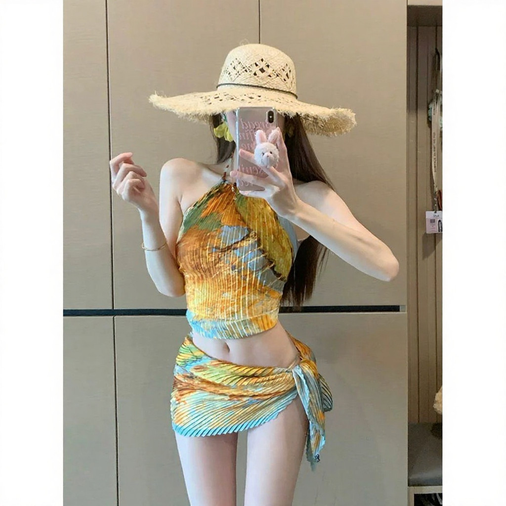 Bộ bikini ba mảnh xếp ly sọc cho mùa xuân nóng