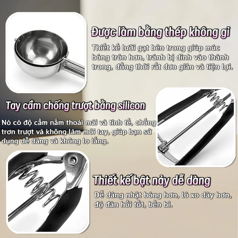 Muỗng múc kem Inox 304 – tay cầm bọc silicon, đa năng múc kem, hoa quả, thịt viên,tiện dụng nhà bếp