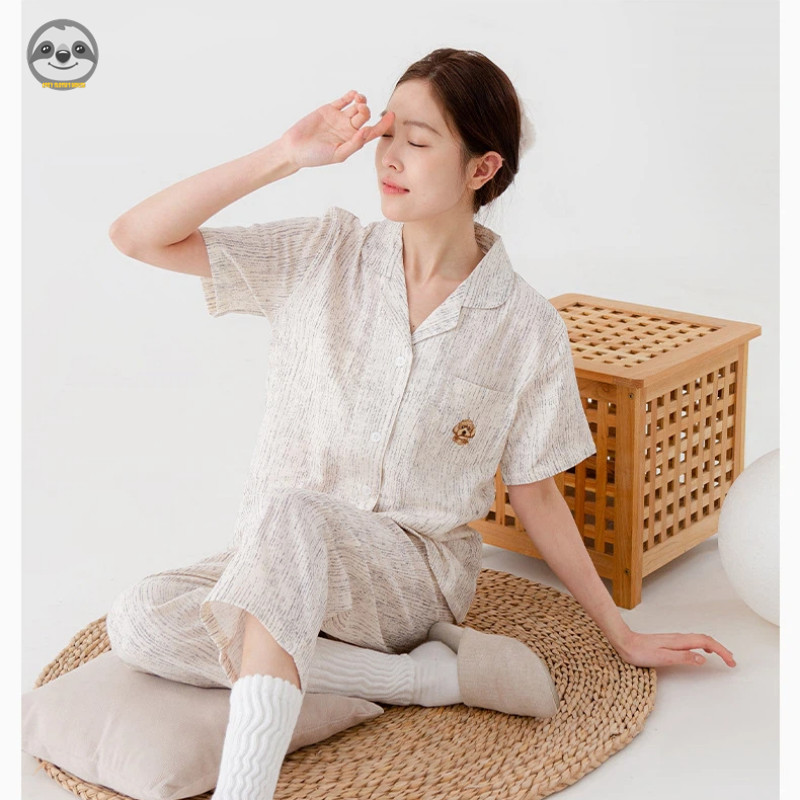 Bộ đồ ngủ ngắn tay sọc cotton nguyên chất phong cách cặp đôi / Bộ đồ ngủ hai lớp bằng sợi cotton / Bộ đồ ngắn mặc ngoài thời trang