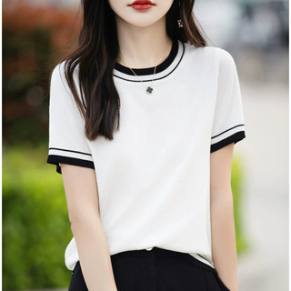 Áo len lụa ngắn tay nữ, cổ tròn mỏng nhẹ - Phong cách Hàn Quốc, phù hợp mùa hè