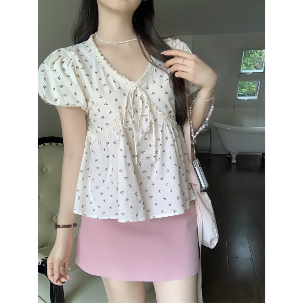 áo babydoll Cổ búp bê tay phồng cổ chữ V ren cổ điển