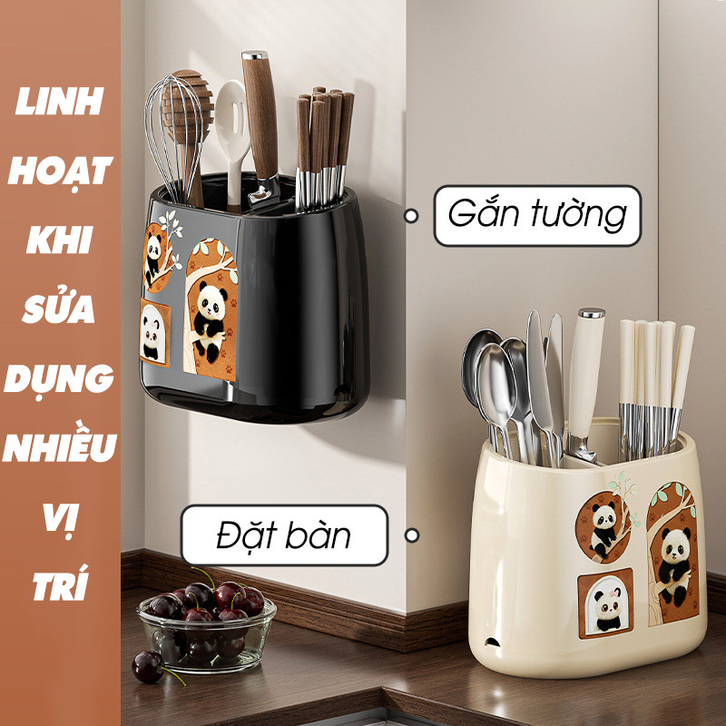Hộp Đựng Đũa Gấu Trúc Treo Tường Không Cần Khoan, Giá Đựng Dao Kéo Nhà Bếp, Kệ Để Đũa Thoát Nước Gọn Gàng DINO