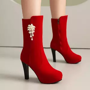 VNTMLH34-43 Kích Thước Lớn Da Lộn Mũi Tròn Mờ Siêu Cao Gót Chống Thấm Nước Nền Tảng Thời Trang Phù Hợp Với Giày Bốt Ngắn Dây Lưng Ngọc Trai Bên Dây Kéo Giày Cưới Cô Dâu
