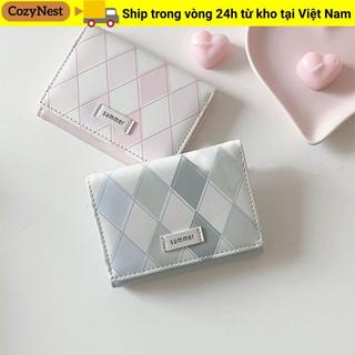 Ví đựng thẻ COZYNEST, Túi đựng thẻ màu xanh đơn giản, PU thời trang đa chức năng có họa tiết ca rô Ví nhỏ dành cho nữ