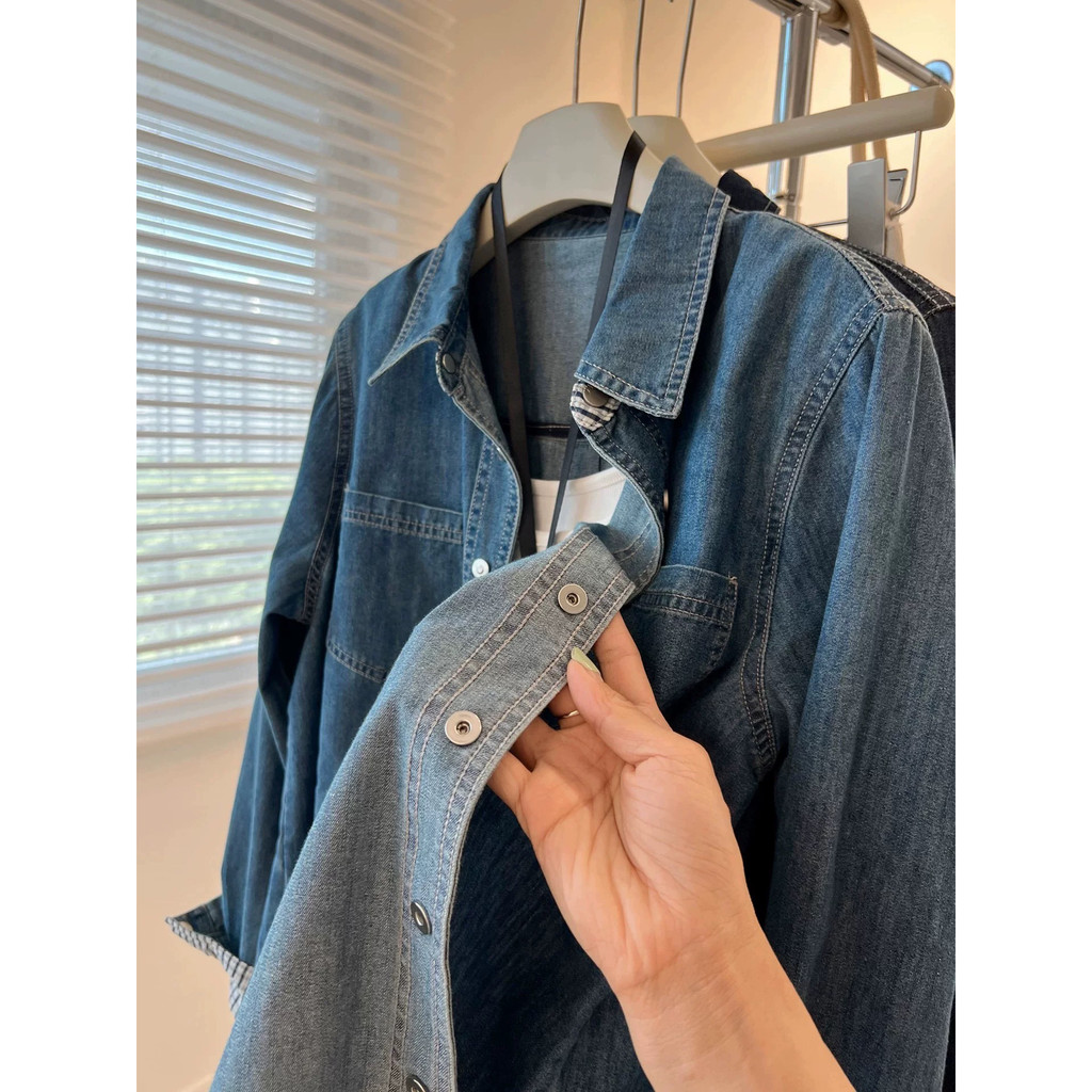 SUXI Áo sơ mi denim cổ điển dài tay nhẹ nhàng cho nữ mùa đông 260107