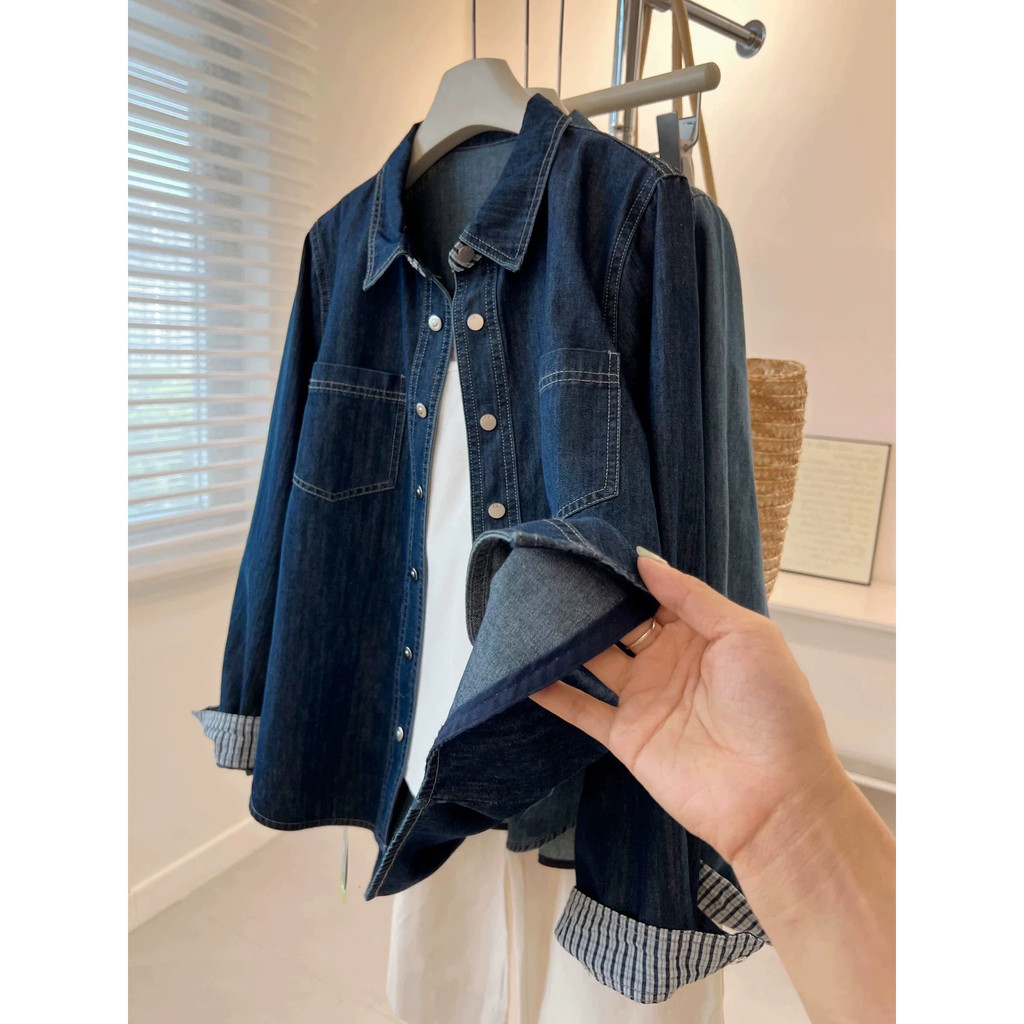 SUXI Áo sơ mi denim cổ điển dài tay nhẹ nhàng cho nữ mùa đông 260107
