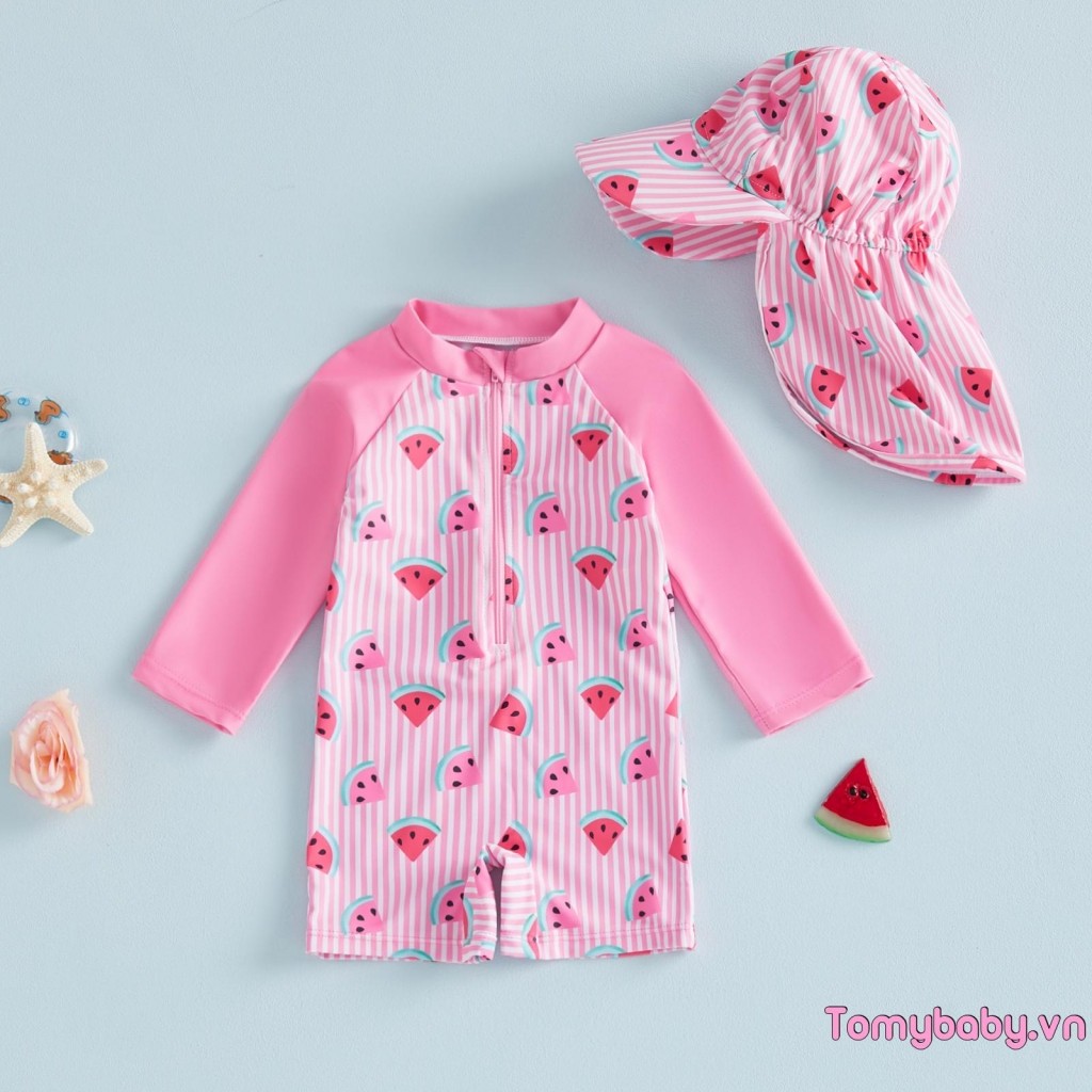 Đồ bơi Baby Rash Guard Bee / Dưa hấu / Thuyền buồm In sọc Zip Up Đồ bơi dài tay có mũ Bộ 2 chiếc
