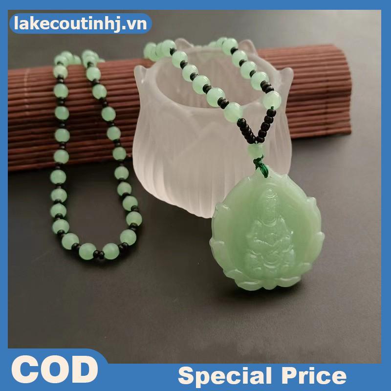 Mặt dây chuyền Phật Quan Âm làm từ ngọc xanh khắc tay, phù hợp làm bùa hộ mệnh và trang sức cho nữ
