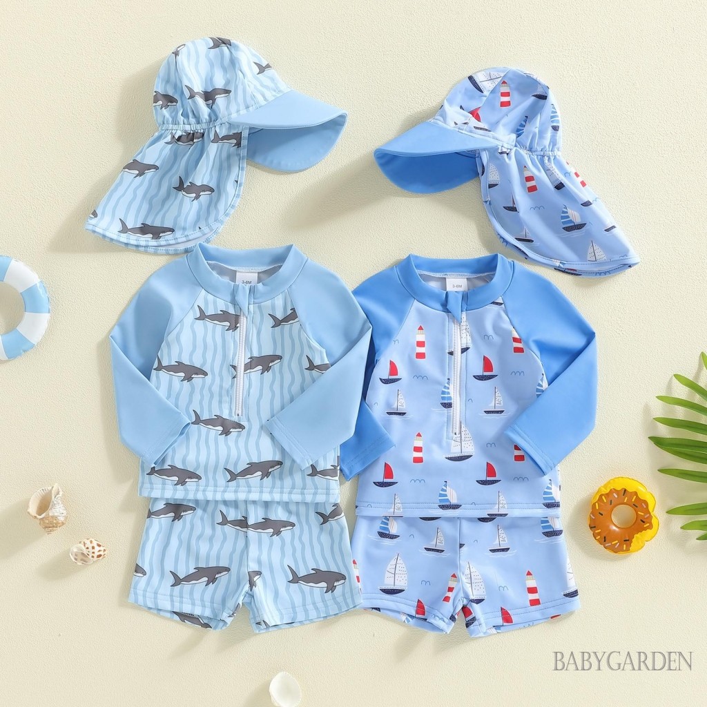 0-5years Trẻ Em Bé Trai 3 Cái Rash Guard Đồ Bơi Tay Dài Cá Mập / Thuyền Thuyền Thuyền In Đồ Tắm Đồ Bơi Có Mũ