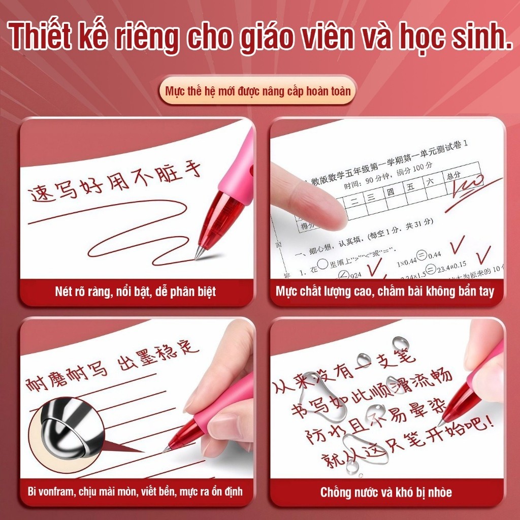 Bút bi mực đỏ siêu trơn, ngòi 0.5mm bền chắc - Set 30 bút gel viết êm tay dành, nhanh khô, không lem dành cho học sinh