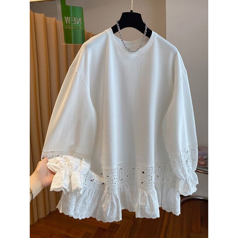 <![Little Cute Wear] Áo sơ mi ren móc màu trắng size lớn, phong cách mới với cổ tròn và đáy áo