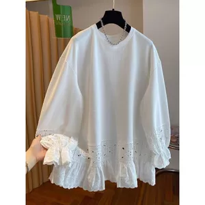 <![Little Cute Wear] Áo sơ mi ren móc màu trắng size lớn, phong cách mới với cổ tròn và đáy áo
