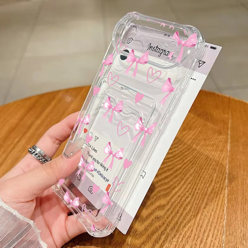 Ốp Điện Thoại Trái Tim Tình Yêu Nơ Màu Hồng Cho Samsung Galaxy A15 A56 A55 A36 A26 A17 A14 A34 A35 A54 A53 5G A32 Ốp Lưng Bao Đựng Thẻ Ảnh Ví TPU Dễ Thương Trong Suốt Bảo Vệ Không Khí Góc