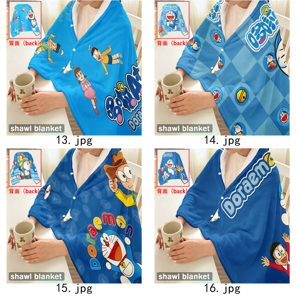Chăn có nút bấm Doremon Flannel hoạt hình dễ thương, Khăn choàng Flannel đa chức năng, có thể đeo để sử dụng tại văn phòng, Thiết bị du lịch ngoài trời.