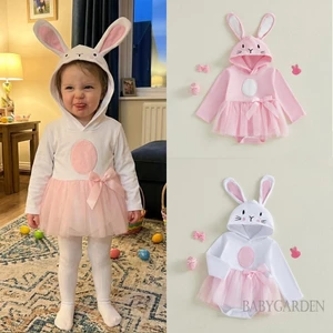 Bé Gái Phục Sinh Thỏ Trang Phục Có Mũ Trùm Đầu 3D Tai Dài Tay Tulle Áo Liền Quần Dễ Thương Ngày Lễ Chụp Ảnh Quần Áo Cho Trẻ Sơ Sinh Bé Gái