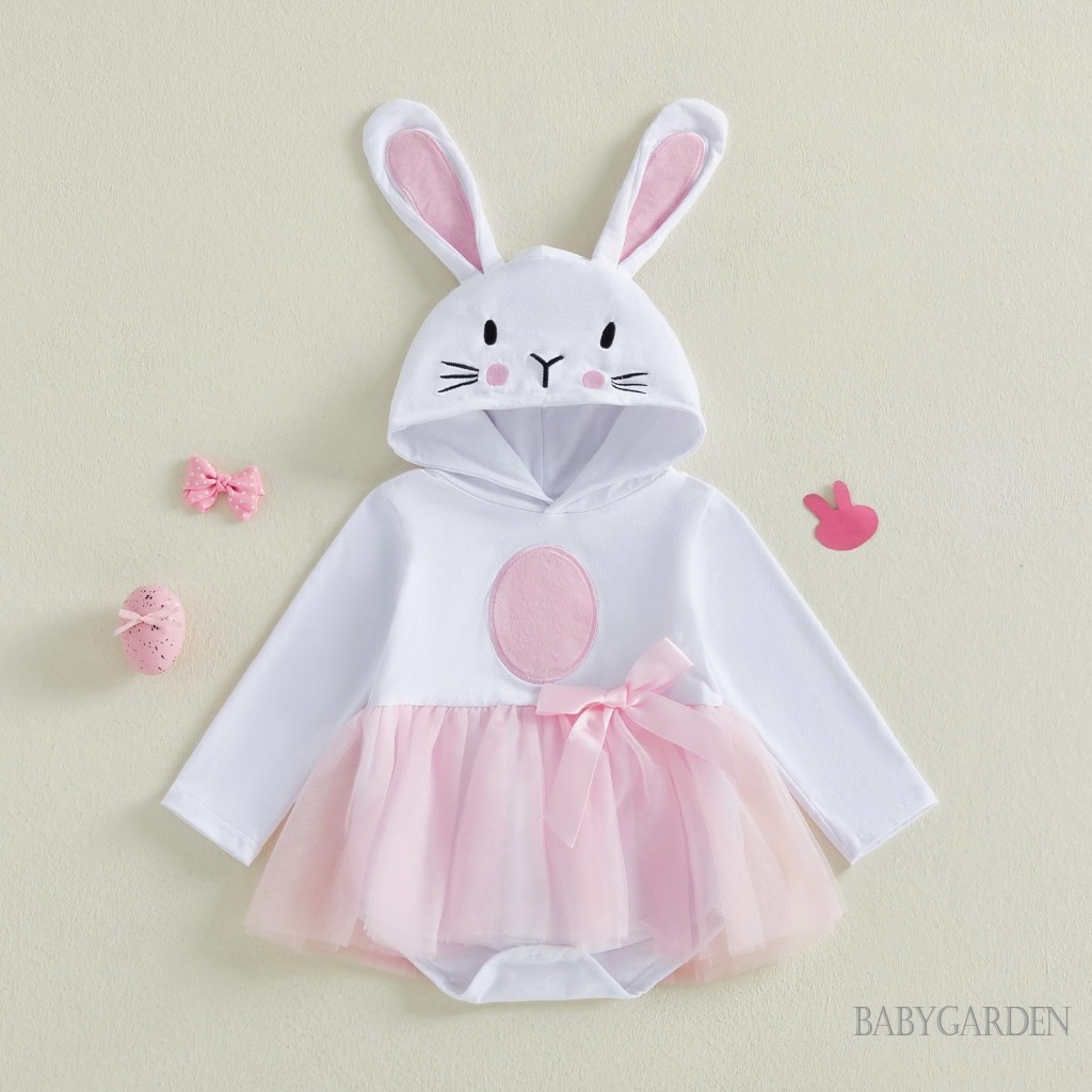 Bé Gái Phục Sinh Thỏ Trang Phục Có Mũ Trùm Đầu 3D Tai Dài Tay Tulle Áo Liền Quần Dễ Thương Ngày Lễ Chụp Ảnh Quần Áo Cho Trẻ Sơ Sinh Bé Gái