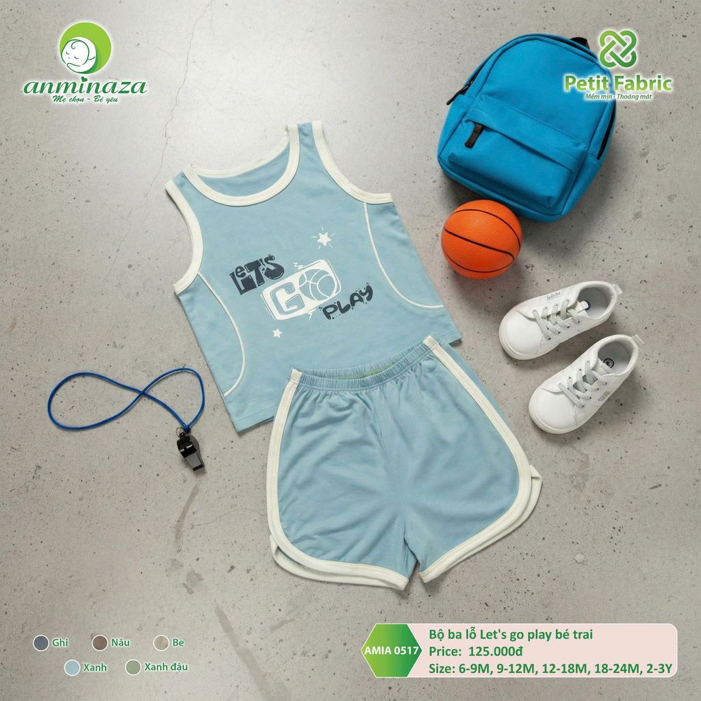 Bộ ba lỗ Let's go play bé trai Anminaza Vải Sợi Petit Thoáng Mát Thấm Hút - Hàng Chính Hãng AMIA0517