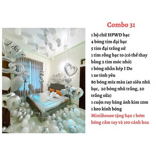 (Tặng 100 cánh hoa hồng) set bóng trang trí phòng cưới tone màu trắng bạc DF38