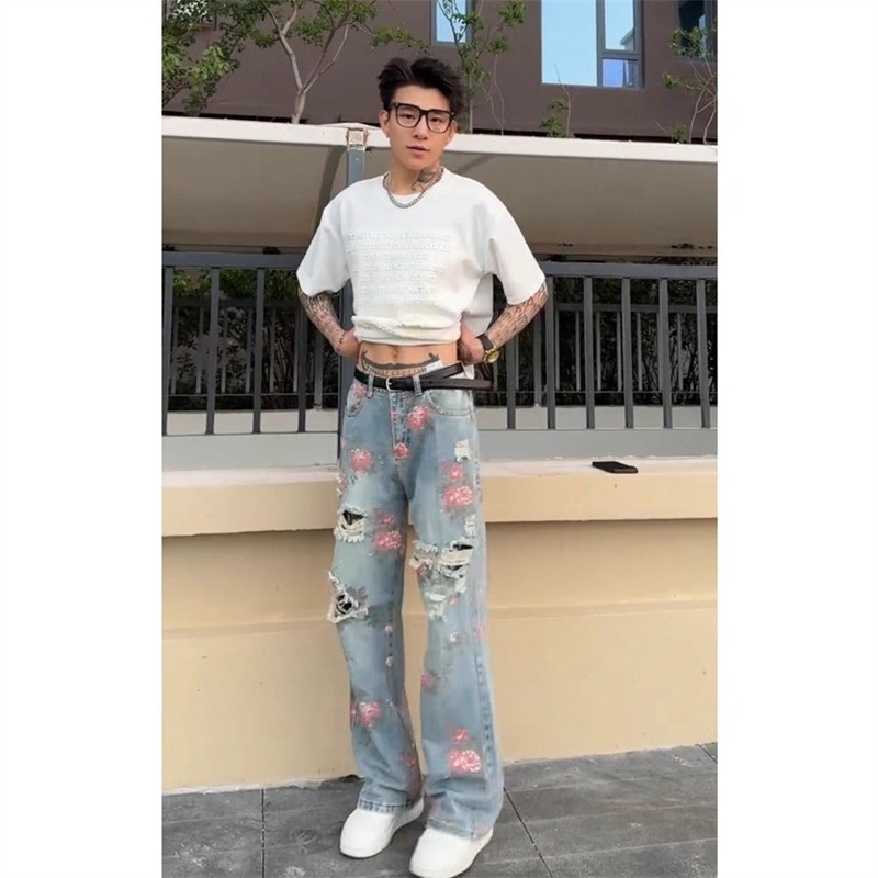 Quần Jean Nam Mùa Hè Phong Cách High Street, Thiết Kế Rách và Hoa Hồng