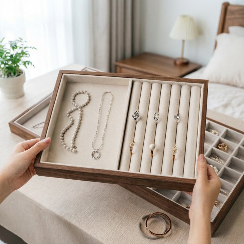 Hộp Đựng Trang Sức Gỗ Óc Chó Khay Trưng Bày Vải Nhung Mềm Bảo Vệ Lưu Trữ Lớn Nhiều Ngăn Retro